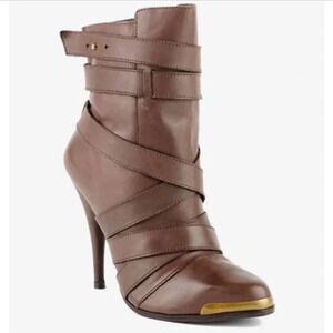 Joie santo crisscross leather bootie gold Cap toe wrap straps chocolate taupe